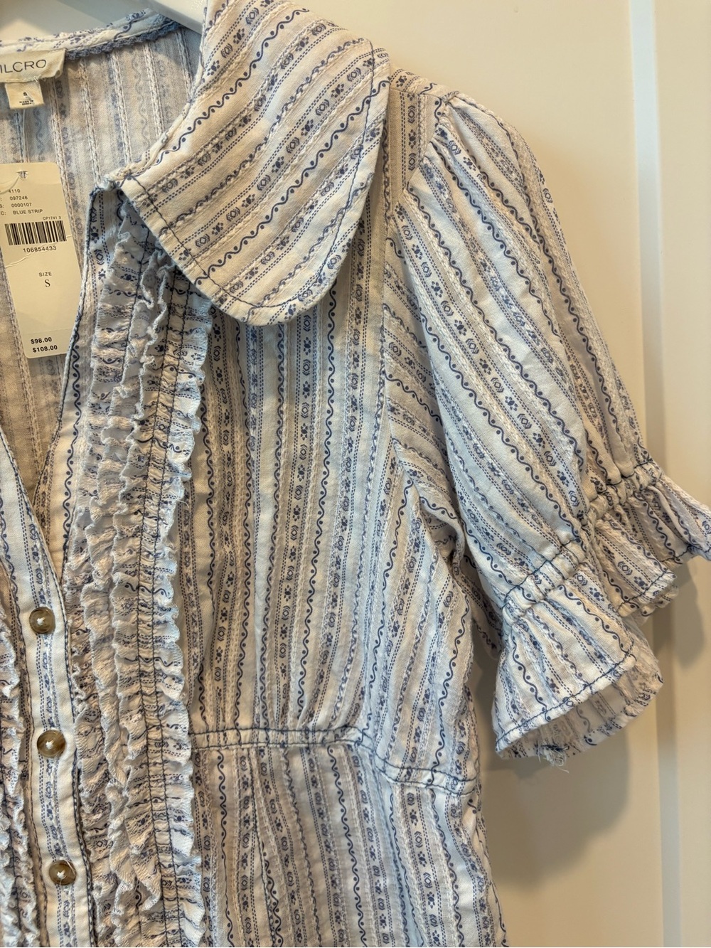Pilcro Keira Tuxedo Blouse, Light Blue & White Striped Ruffle-Trim Button Down - Picture 8 of 11